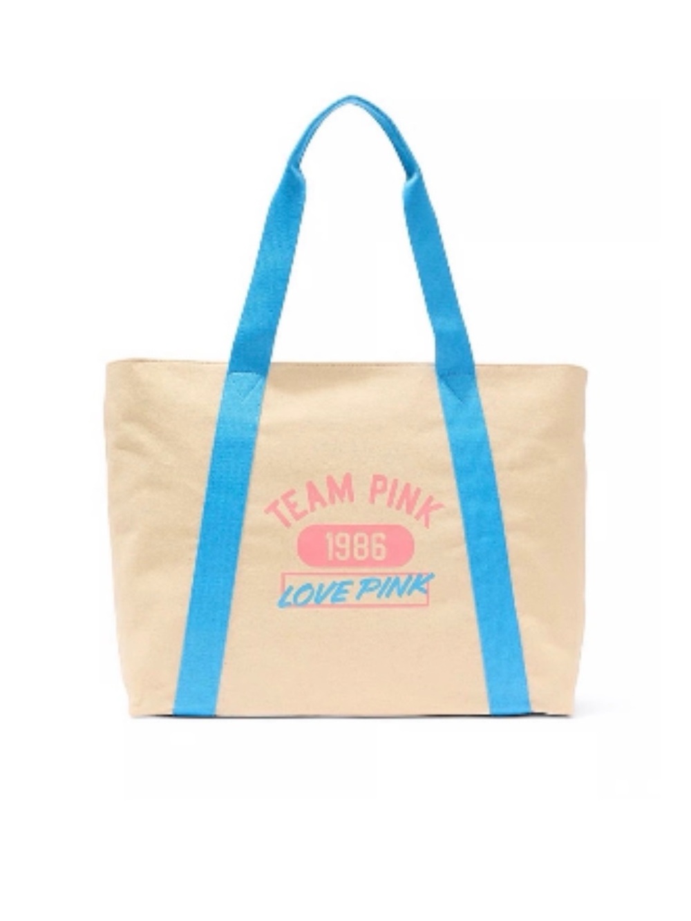 NWT PINK Victoria's Secret Canvas Tote with Blue Straps and Team Pink Logo